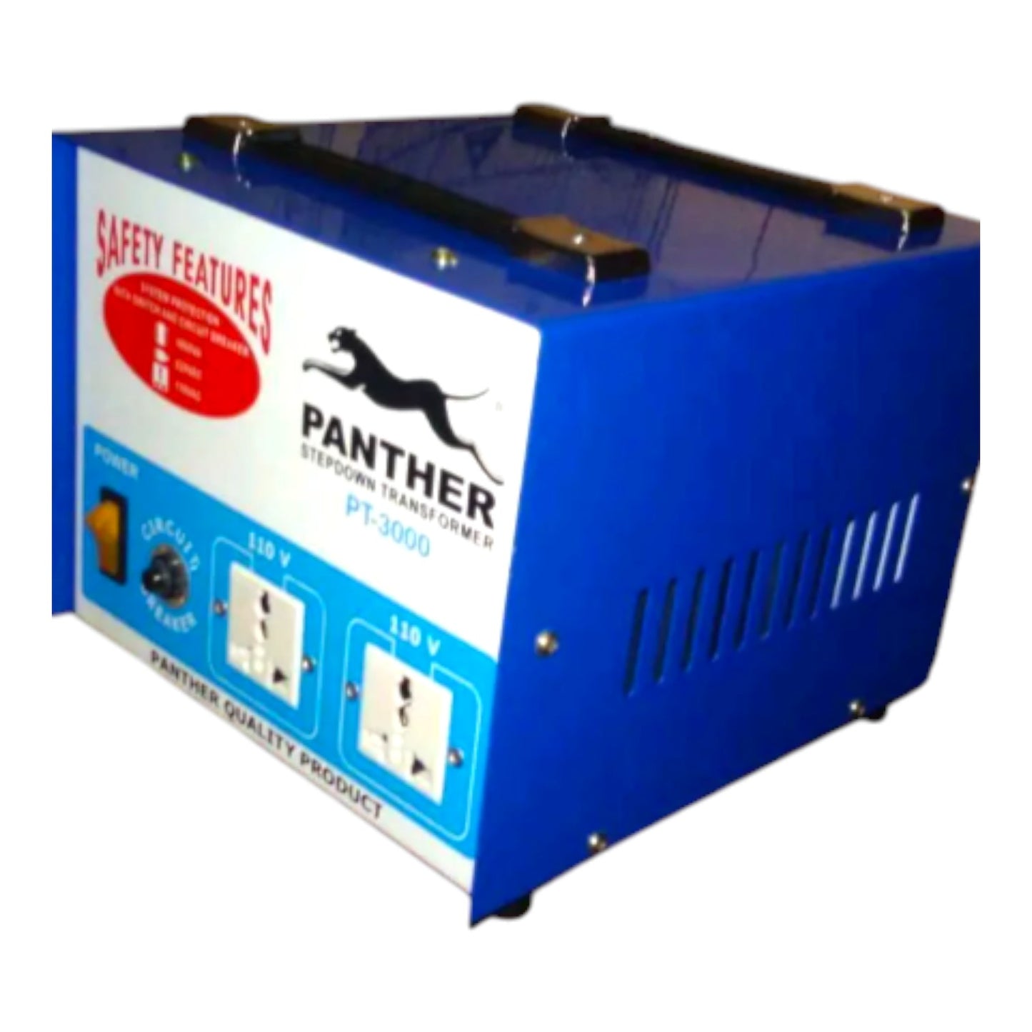 A blue Panther stepping transformer power supply unit with a white front panel showing safety features, brand logo, and dual 110V outlets.