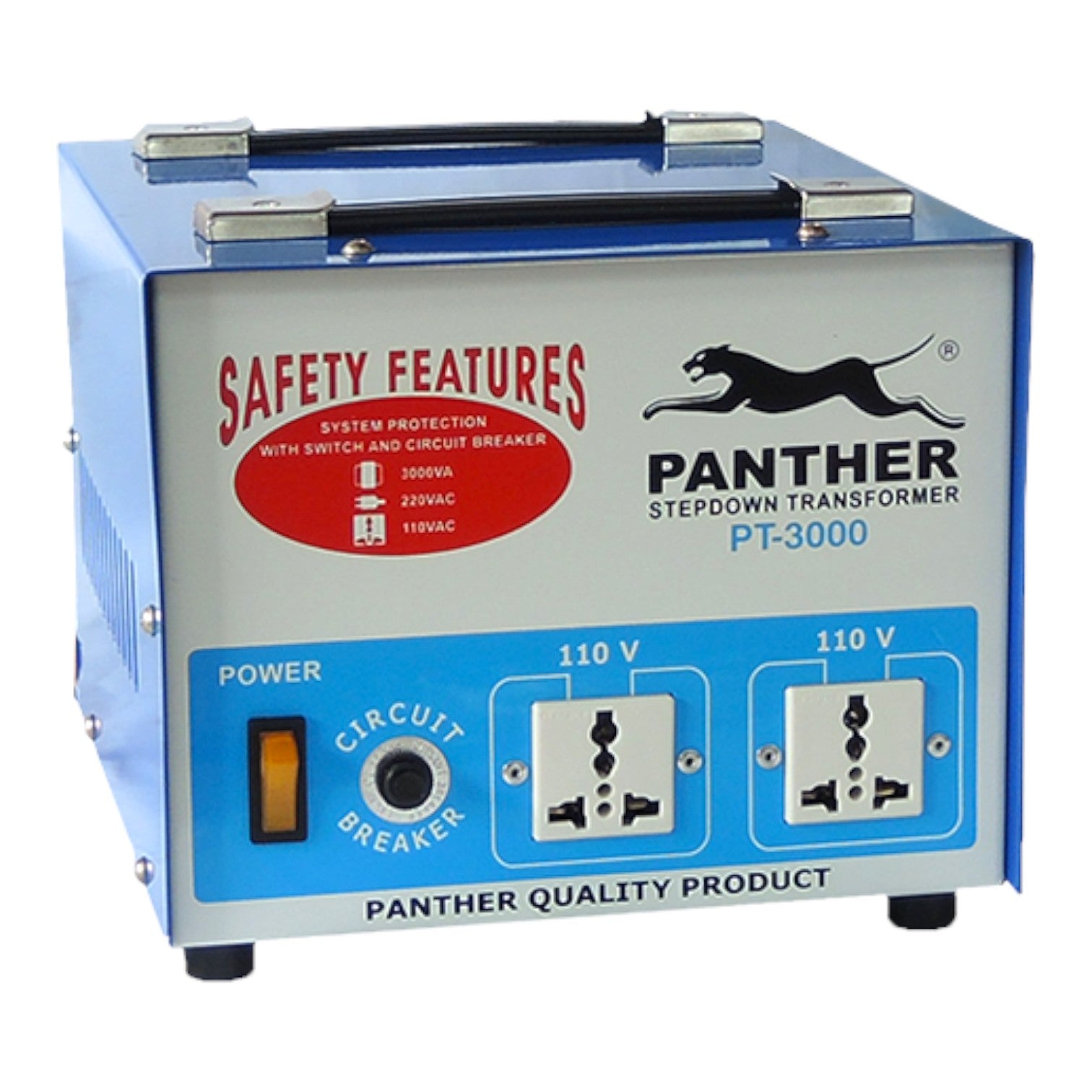 A blue and silver Panther Stepdown Transformer PT-3000 electrical device with dual 110V outlets, a power switch, and a circuit breaker on the front panel, shown on a white background.