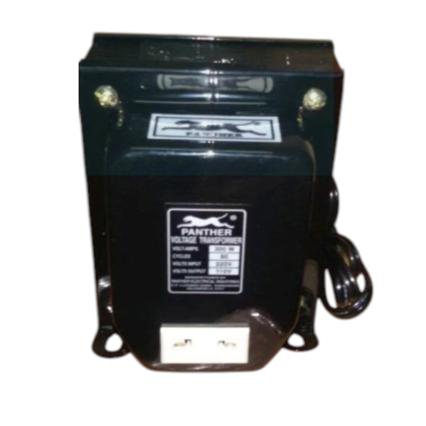 A black Panther voltage transformer with a visible brand label, terminal screws, and a power cord, isolated on a white background.