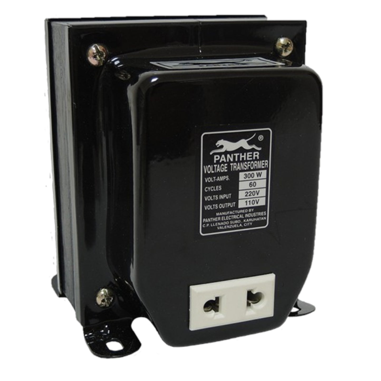 A black Panther Voltage Transformer with a white dual-pin terminal block on the front face and a printed technical specification label.