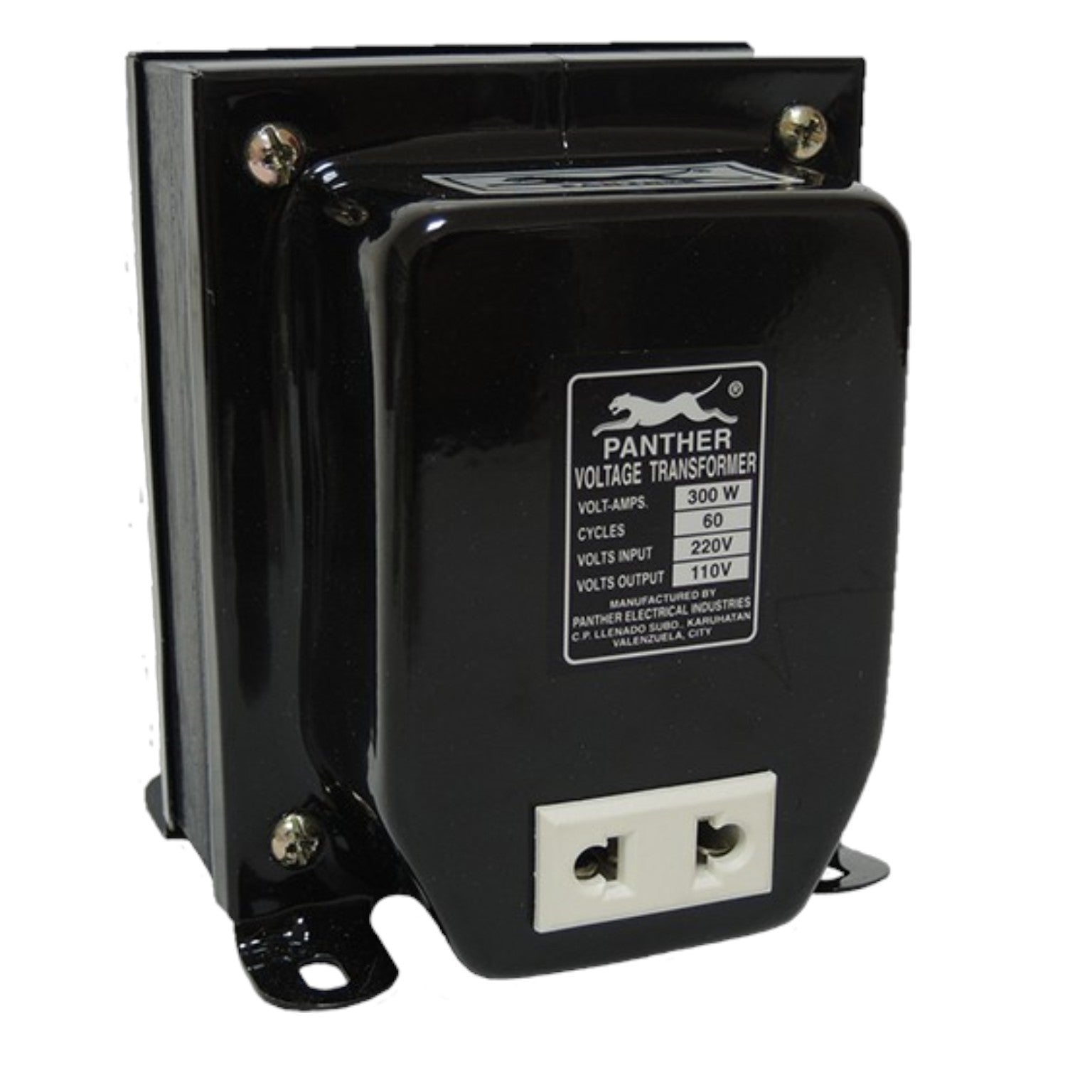 A black Panther Voltage Transformer with a white dual-pin terminal block on the front face and a printed technical specification label.