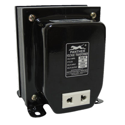 A black Panther Voltage Transformer with a white dual-pin terminal block on the front face and a printed technical specification label.