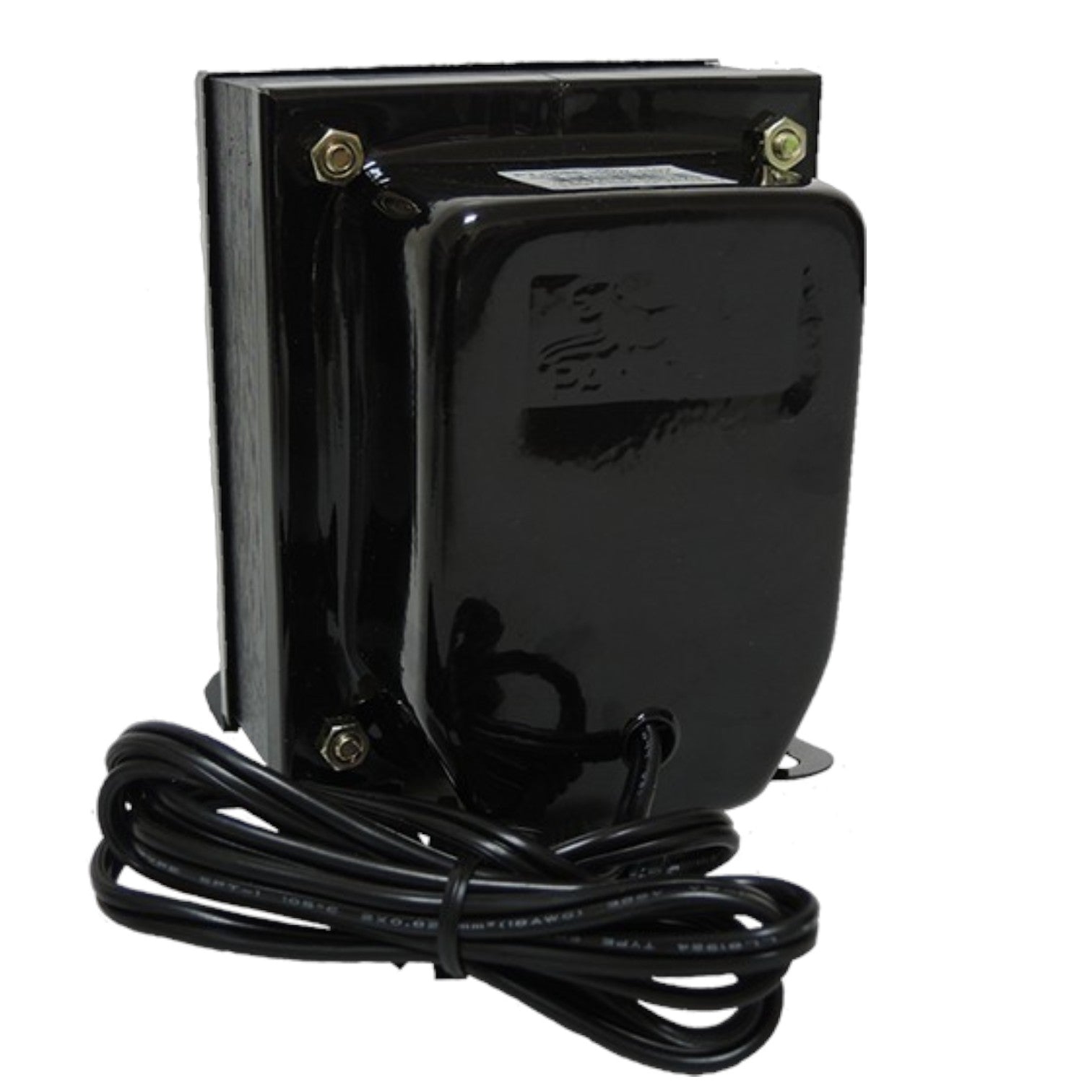 A black electrical transformer with a glossy finish, featuring a coiled black power cord and brass mounting screws on a white background.