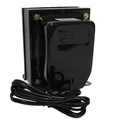 A black electrical transformer with a glossy finish, featuring a coiled black power cord and brass mounting screws on a white background.