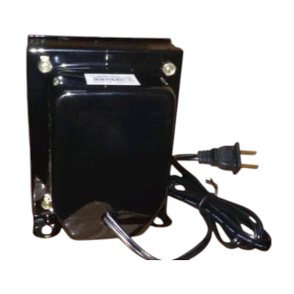 A black metal electrical transformer or power supply with a power cord and plug, shown against a plain white background.