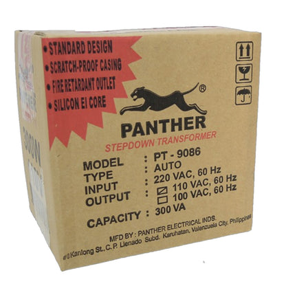 A brown cardboard box for a Panther Stepdown Transformer, model PT-9086. The box features a red starburst on the left with black text, a black panther logo, and technical specifications printed on the front.