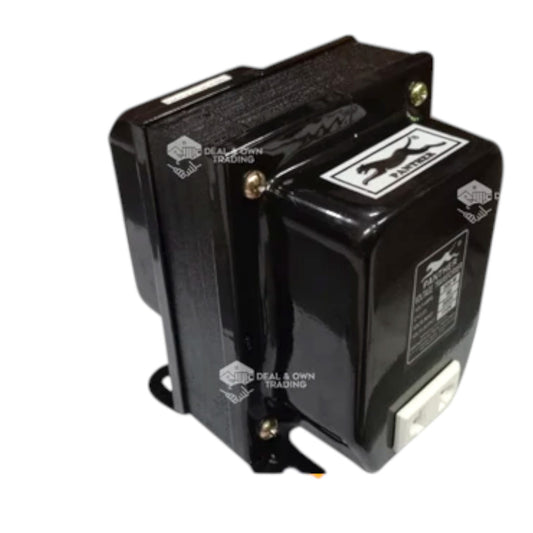 A black metal automotive electrical transformer with a white power outlet on one side and a horse logo sticker on the front, shown on a white background.