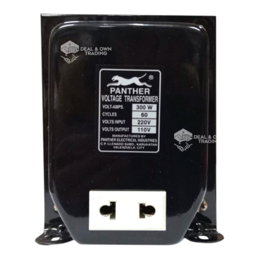 A black Panther Voltage Transformer with a white power outlet on the front face, featuring a white label with black text and logo.
