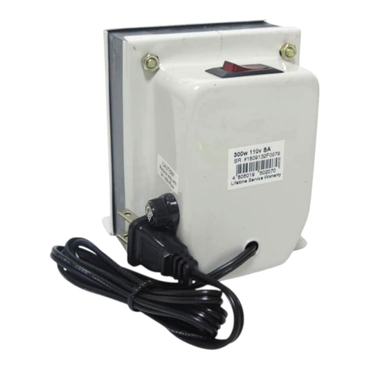 A white electrical transformer or power supply with a black power cord, a black rotary switch, and a red switch lever, shown on a white background.