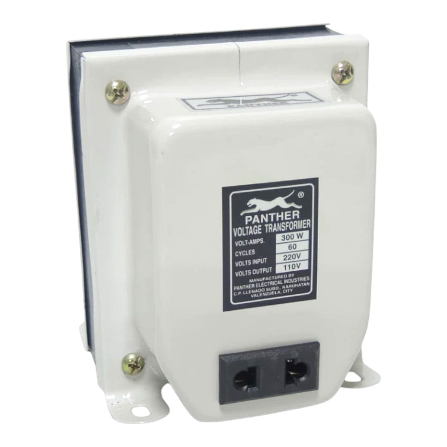 A white Panther Voltage Transformer with a black label and dual AC outlets on the front, shown on a plain white background.