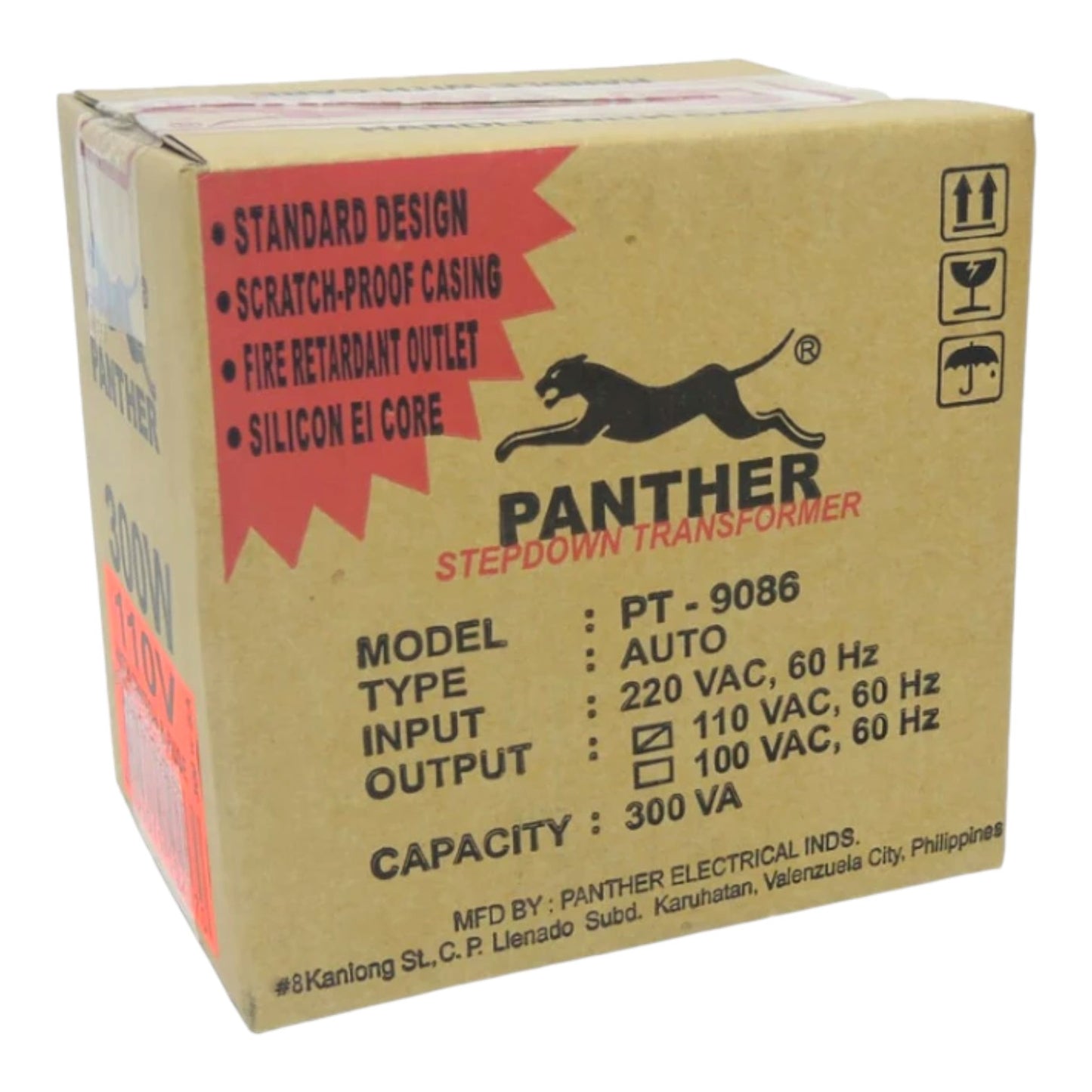 A brown cardboard box for a Panther Stepdown Transformer, model PT-9086. The box features a black panther logo, red text accents, and technical specifications printed in black.