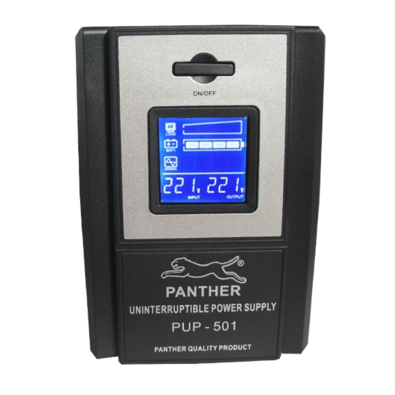 Panther PUP-501 uninterruptible power supply unit with a black casing, silver front panel, and a blue backlit LCD display screen.