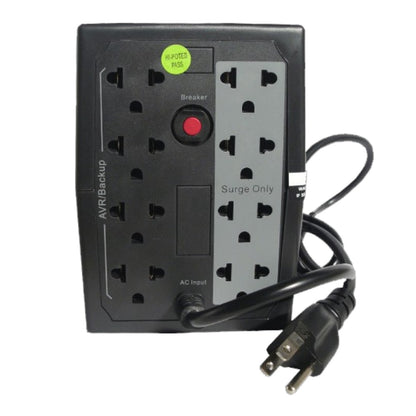 A black surge protector and backup power supply with multiple AC outlets, a red breaker button, and a black power cord, shown on a white background.
