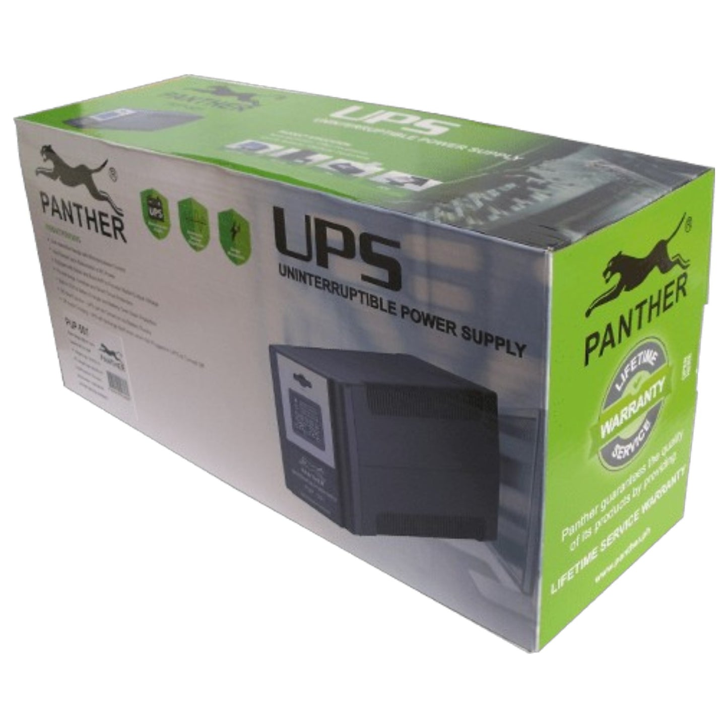 Panther UPS Uninterruptible Power Supply retail packaging box, showing a black UPS unit photo on the front and green side panels with Panther branding and warranty badges.