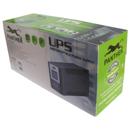 Panther UPS Uninterruptible Power Supply retail packaging box, showing a black UPS unit photo on the front and green side panels with Panther branding and warranty badges.