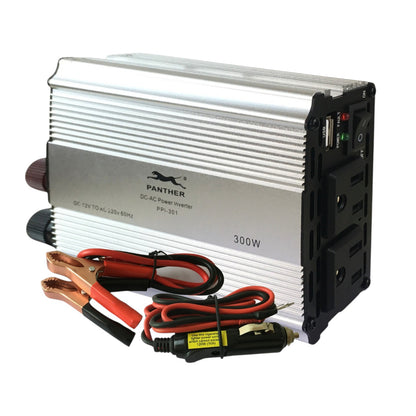 A Panther 300W DC-AC power inverter with a silver ribbed metal casing and black side panel, shown with attached red and black battery cables and a car cigarette lighter adapter on a white background.