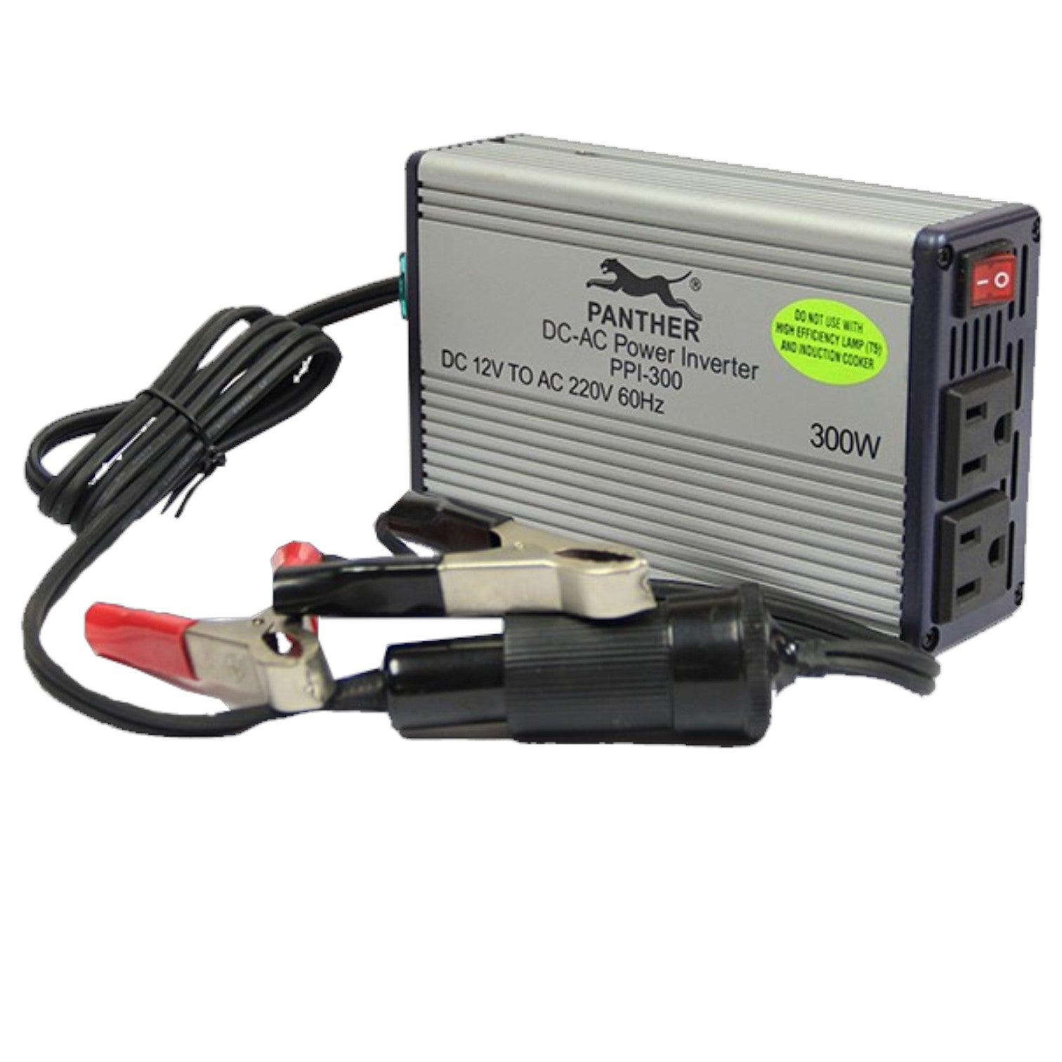 Panther PFI-300 DC-AC power inverter with a silver metal casing, black cables, red and black clamps, and a red power switch on a white background.