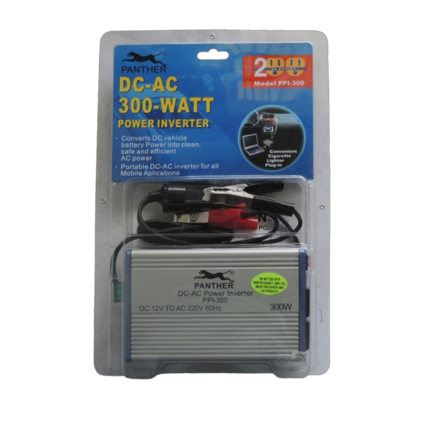 Panther DC-AC 300-Watt Power Inverter in retail blister packaging, showing the silver and blue inverter unit with attached black cables and red/alligator clips against a white background.