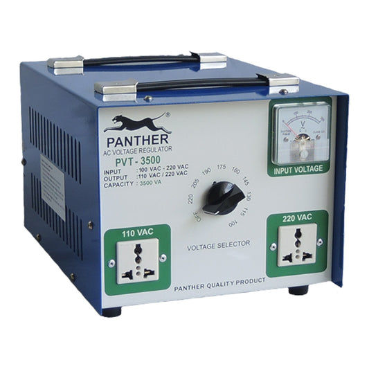A Panther brand PVT-3500 AC Voltage Regulator, featuring a blue and white metal casing with a black handle, rotary switch, and analog input voltage meter.