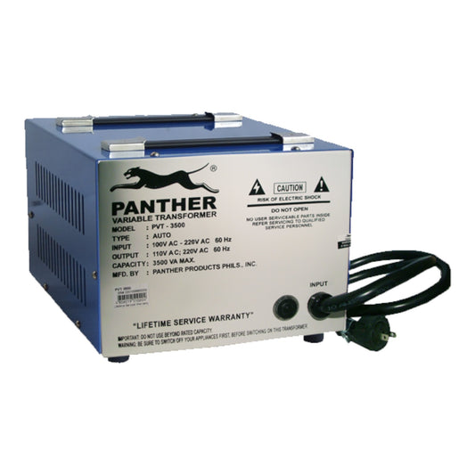 A Panther Variable Transformer PVT-3500 power supply unit with a blue metal casing, a silver front panel with black text and logo, and attached black power cords, shown on a plain white background.