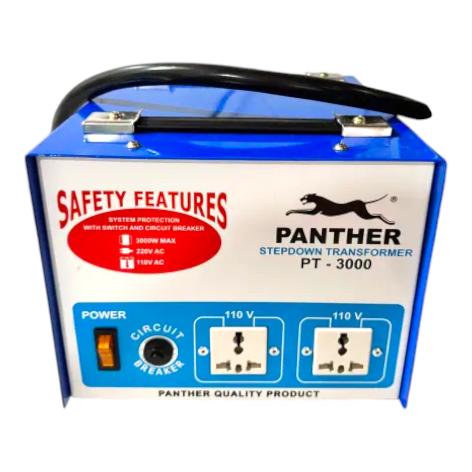 A blue and white Panther Stepdown Transformer PT-3000 power unit with a black handle and cable, featuring dual 110V outlets and a circuit breaker switch on the front panel.