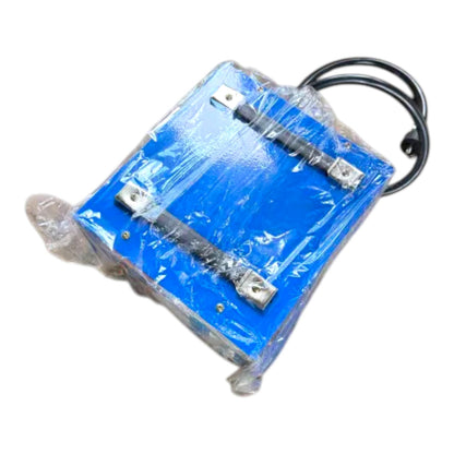 A blue rectangular battery wrapped in clear protective plastic, with visible metal terminal connectors and a black cable loop, shown on a plain white background.