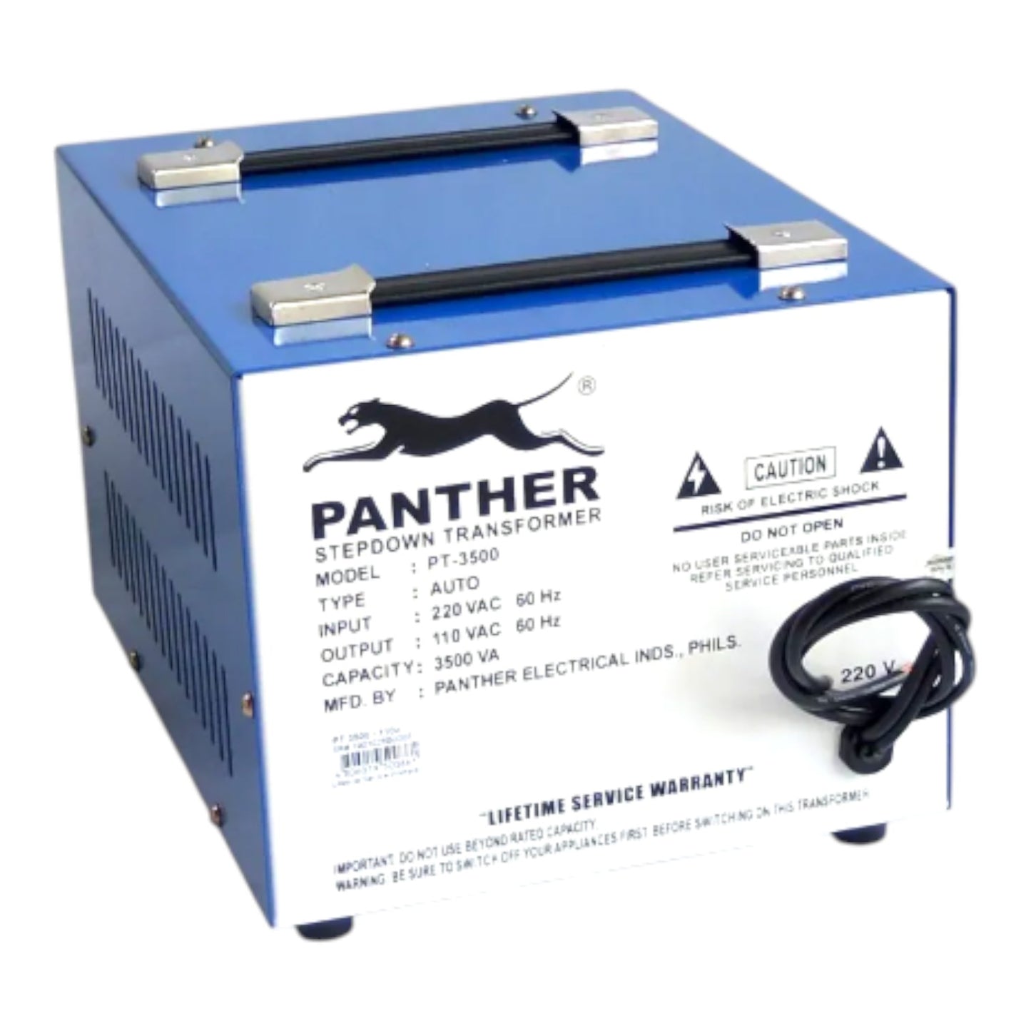 A blue Panther brand stepdown transformer with black handles, a black power cord, and white printed specifications on the front panel, photographed on a white background.