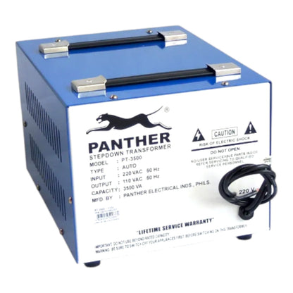 A blue Panther brand stepdown transformer with black handles, a black power cord, and white printed specifications on the front panel, photographed on a white background.