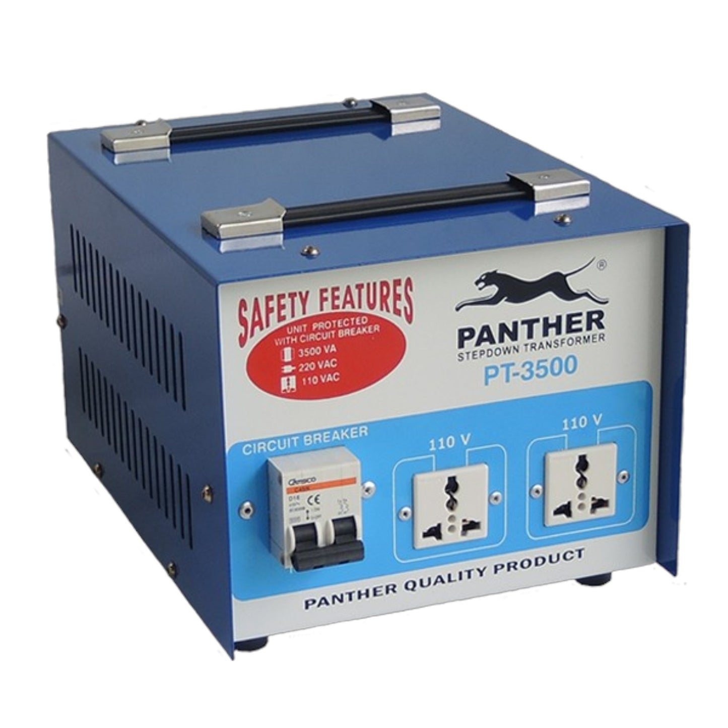A blue and silver Panther PT-3500 stepdown transformer, a single-phase line projected circuit breaker, and safety features box, shown on a white background.