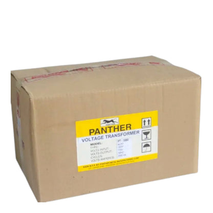 A brown cardboard shipping box with a yellow and white label reading 'PANTHER VOLTAGE TRANSFORMER' on a plain white background.