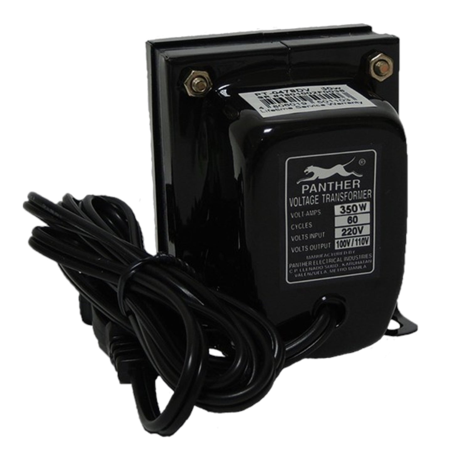 A black Panther brand voltage transformer with a coiled black power cord, shown against a plain white background.