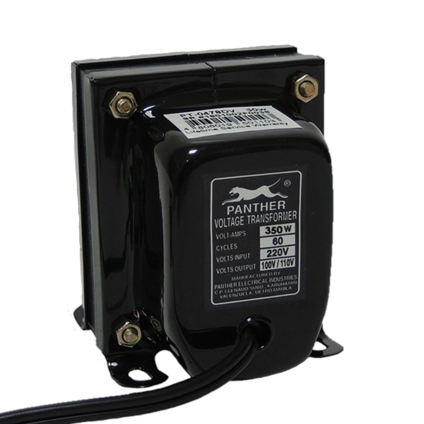 A black Panther Voltage Transformer with a glossy finish, featuring a front label with specifications and a rear mounting plate with screws, shown on a white background.