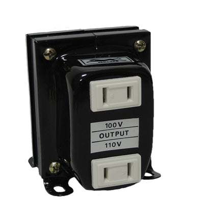 A black electrical transformer or power adapter with two white AC outlets on the front, labeled '100 V OUTPUT 110V'.