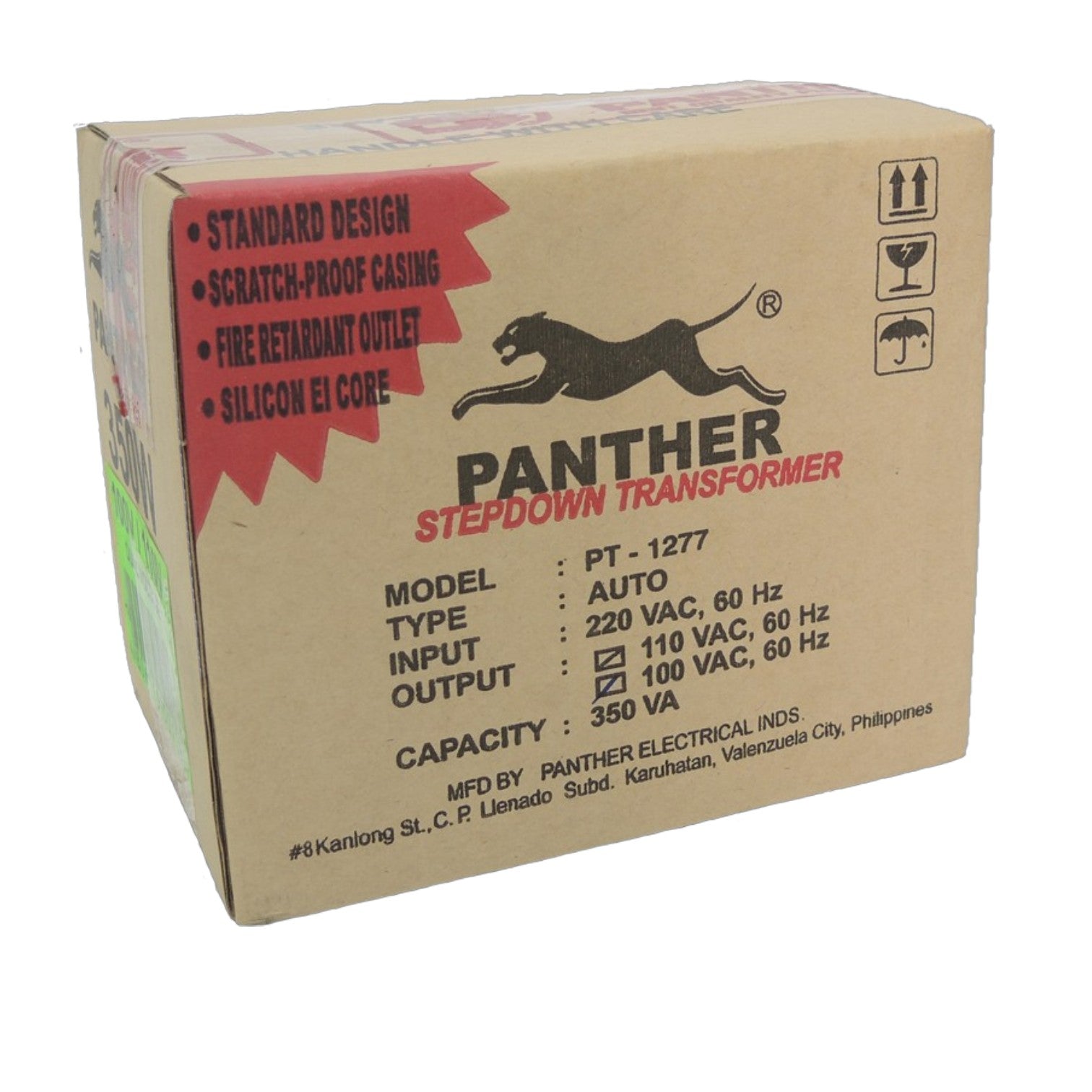 A cardboard box for a Panther Stepdown Transformer, model PT-1277, manufactured by Panther Electrical IND. The box is brown with red and black printed text and graphics, including a black panther logo.