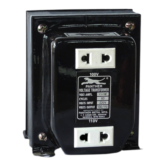 A black Panther brand voltage transformer with white terminal blocks and a central specification label, shown on a plain white background.