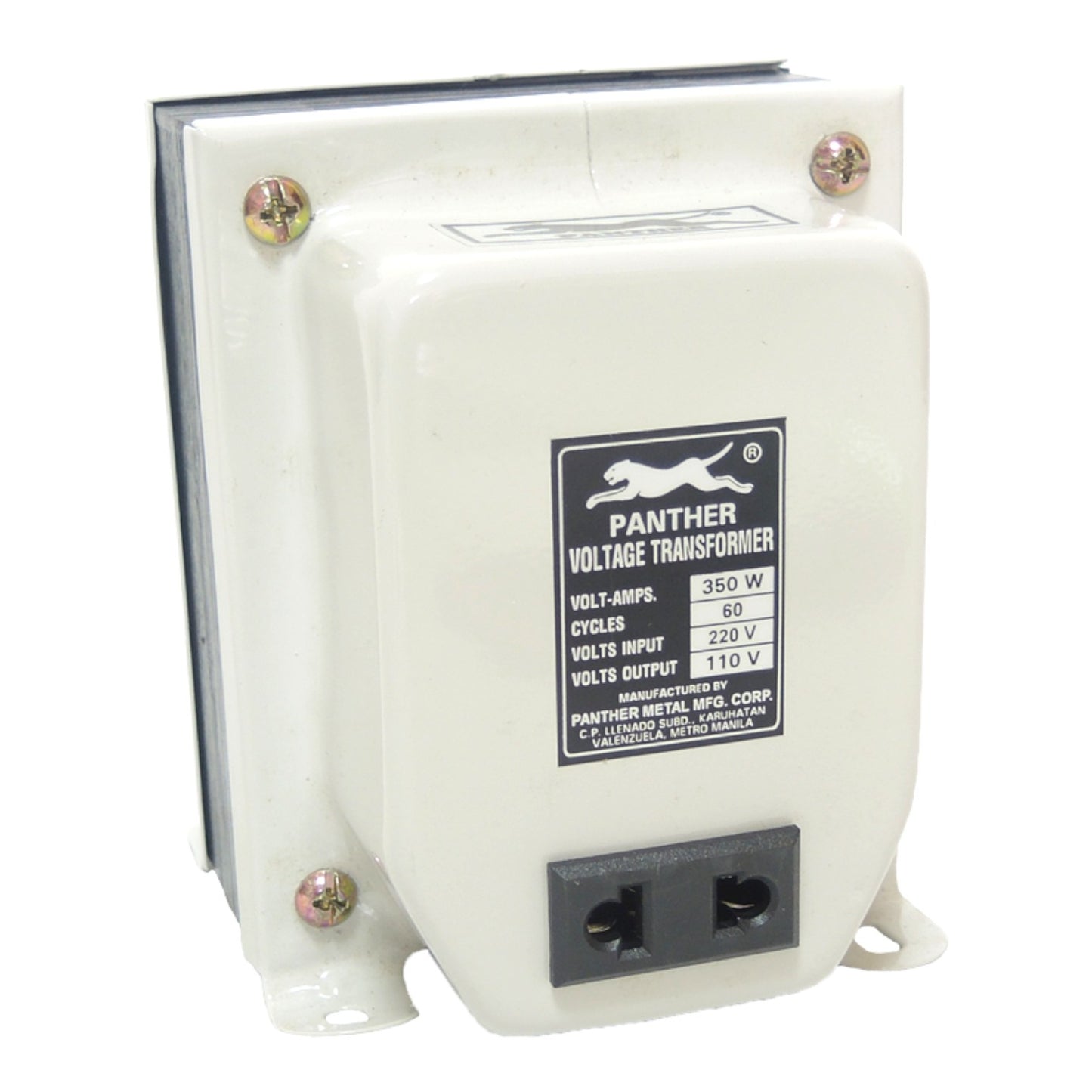 A white Panther Voltage Transformer with a black label and dual electrical outlets on the front, photographed against a white background.