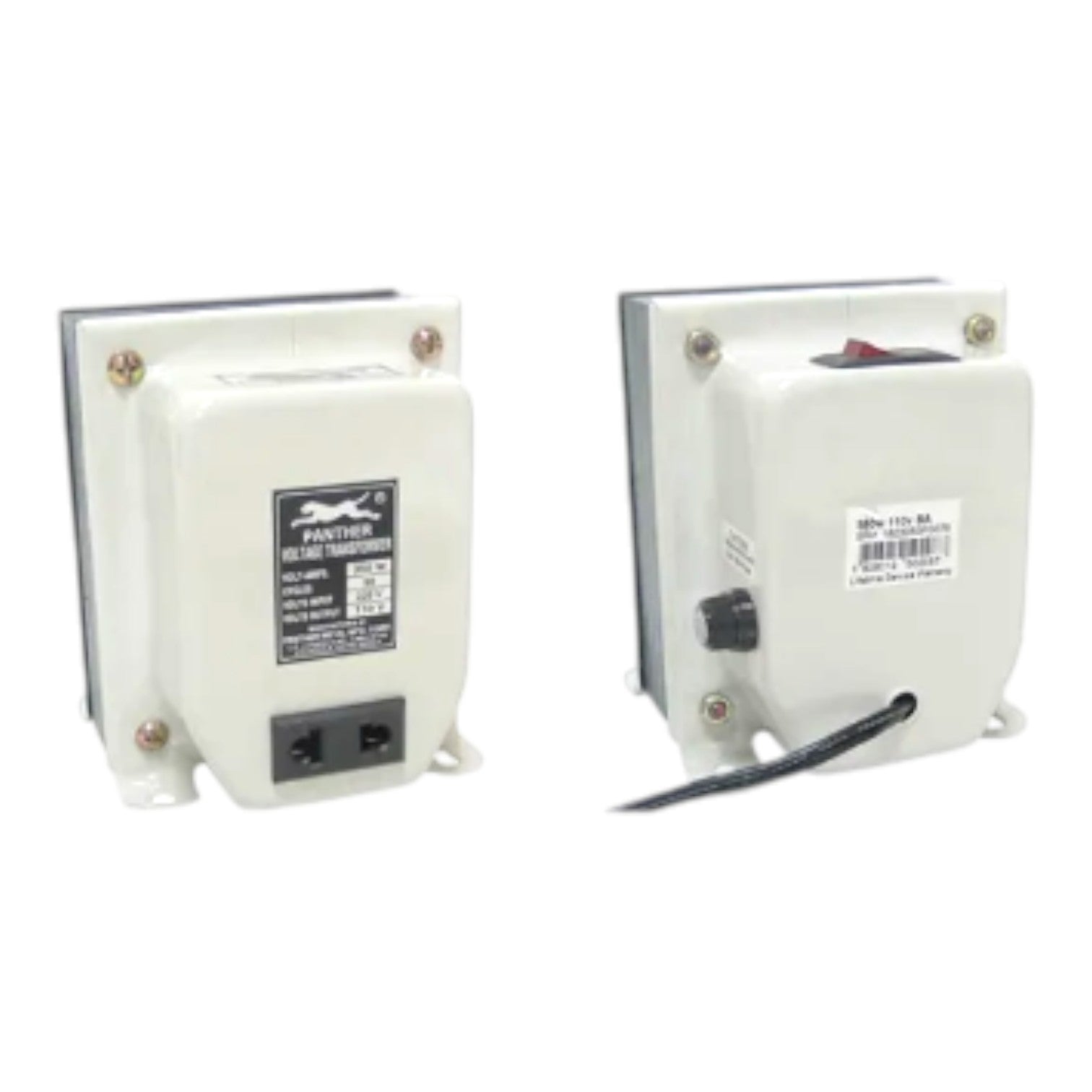 Two white industrial electrical transformers shown side by side on a plain white background, one displaying the front power inlet and label, and the other showing the side with a black cable and switch.