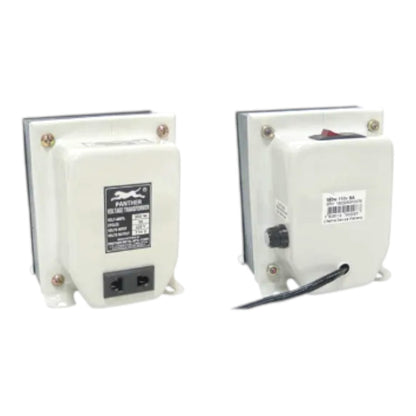 Two white industrial electrical transformers shown side by side on a plain white background, one displaying the front power inlet and label, and the other showing the side with a black cable and switch.
