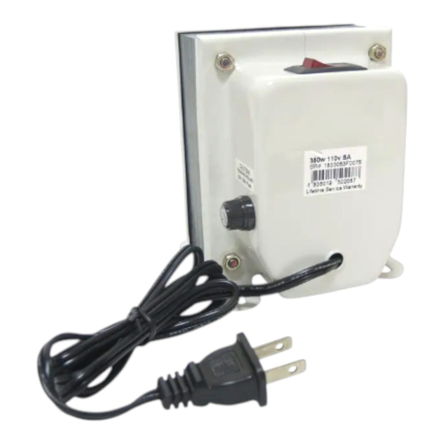 A white electrical power switch box with a black power cord and plug, featuring a red switch and a black dial, shown on a white background.