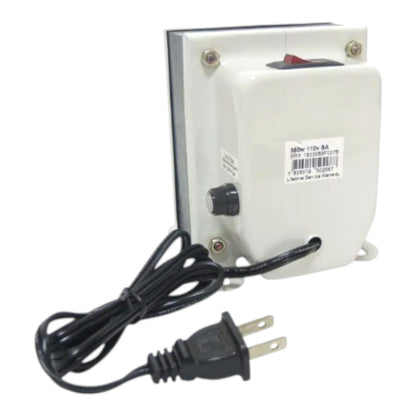 A white electrical power switch box with a black power cord and plug, featuring a red switch and a black dial, shown on a white background.