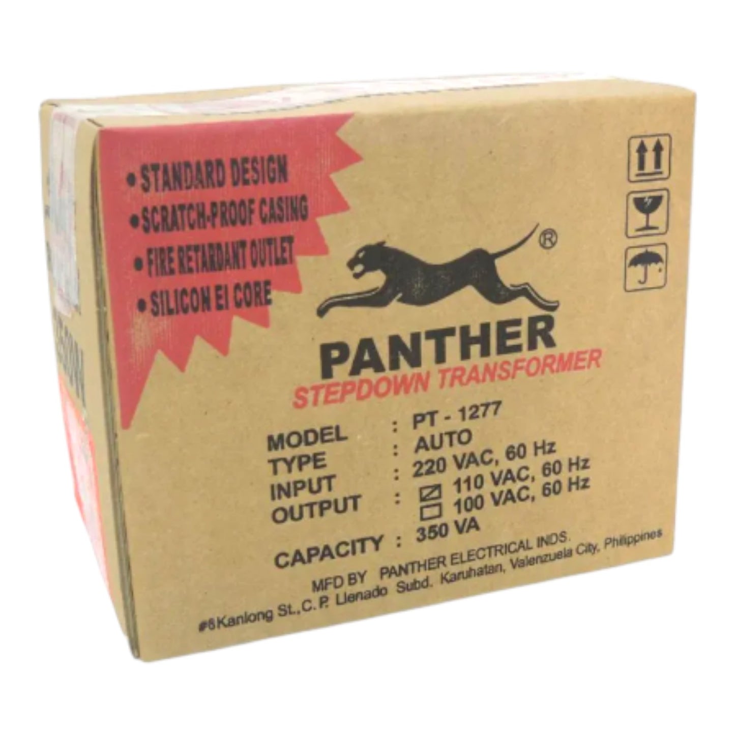 A cardboard box for a Panther Stepdown Transformer, model PT-1277, shown on a plain white background. The box is brown kraft paper with a red starburst graphic on the left, black text, and a black panther logo.