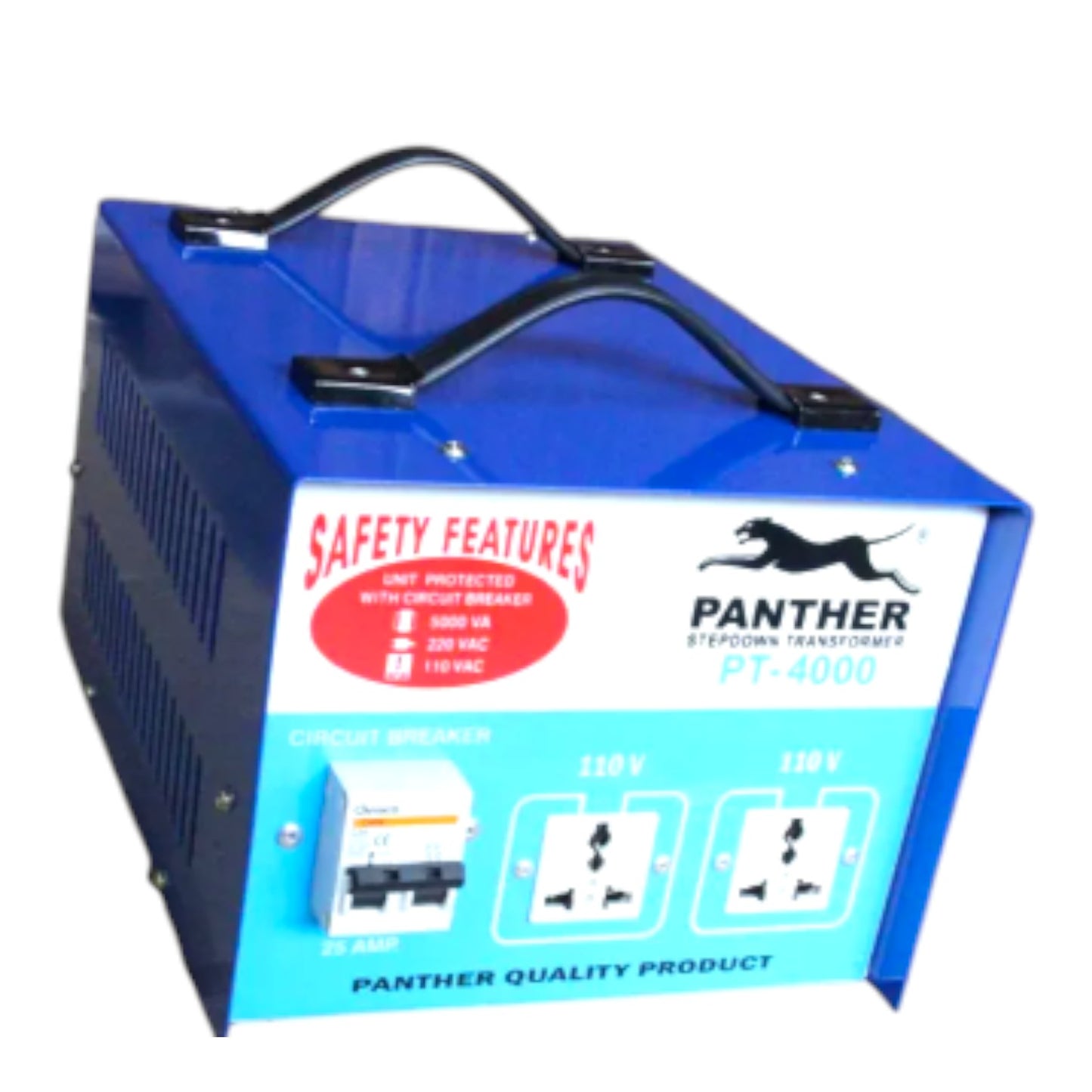A blue Panther PT-4000 step-down transformer power supply with a black carrying handle, featuring a white and light blue front panel with safety features and dual outlets.
