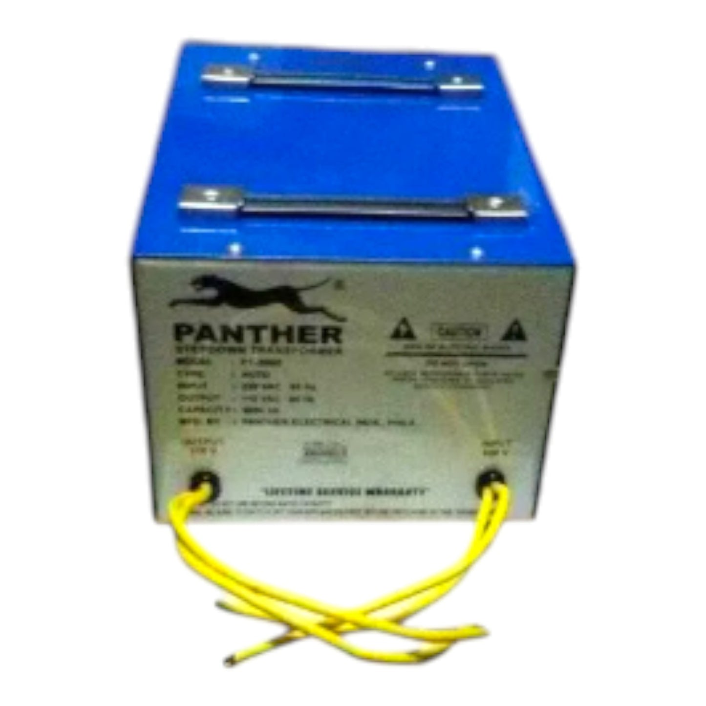 A Panther brand lead-acid starting battery with a blue top casing, silver front panel, yellow cables, and a black leaping cat logo.