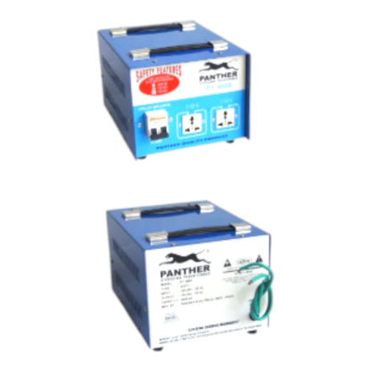 Two blue and white Panther brand electrical adapters or transformers shown on a plain white background, one with a red safety label and the other with a green cable.