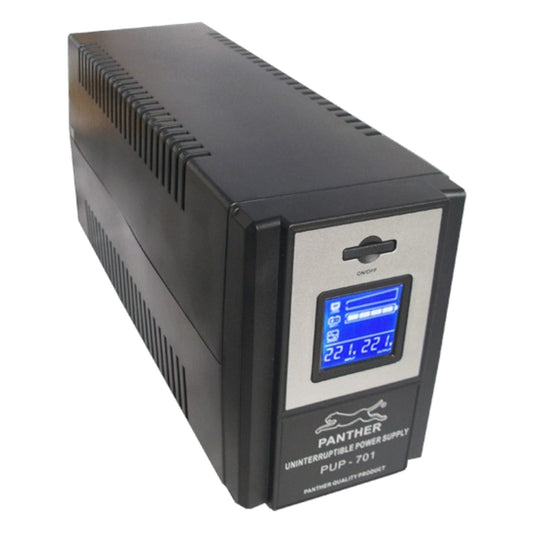 A black Panther PUP-701 uninterruptible power supply with a silver front panel, digital blue display screen, and white brand logo on a white background.