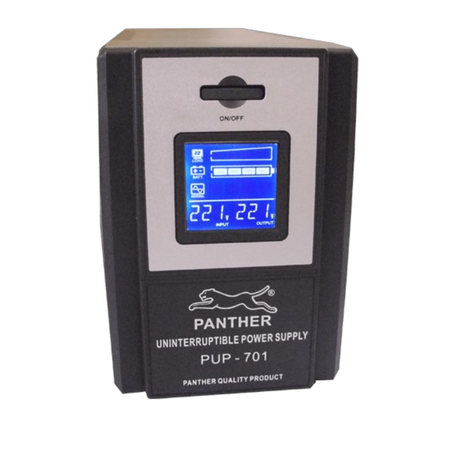 Panther PUP-701 Uninterruptible Power Supply unit with a black casing, silver front panel, and a blue backlit LCD display screen.