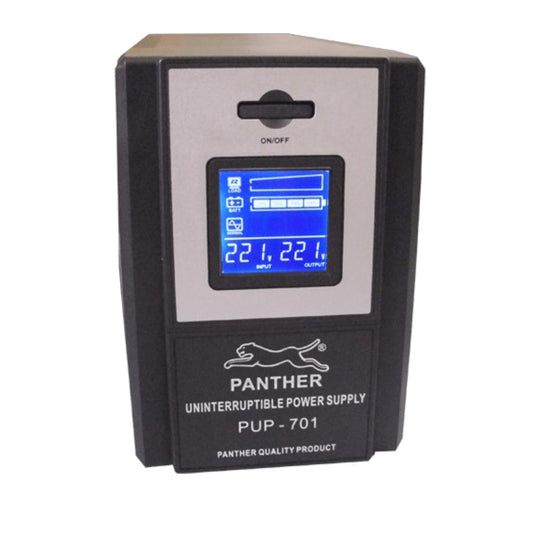 Panther PUP-701 Uninterruptible Power Supply unit with a black casing, silver front panel, and a blue backlit LCD display screen.