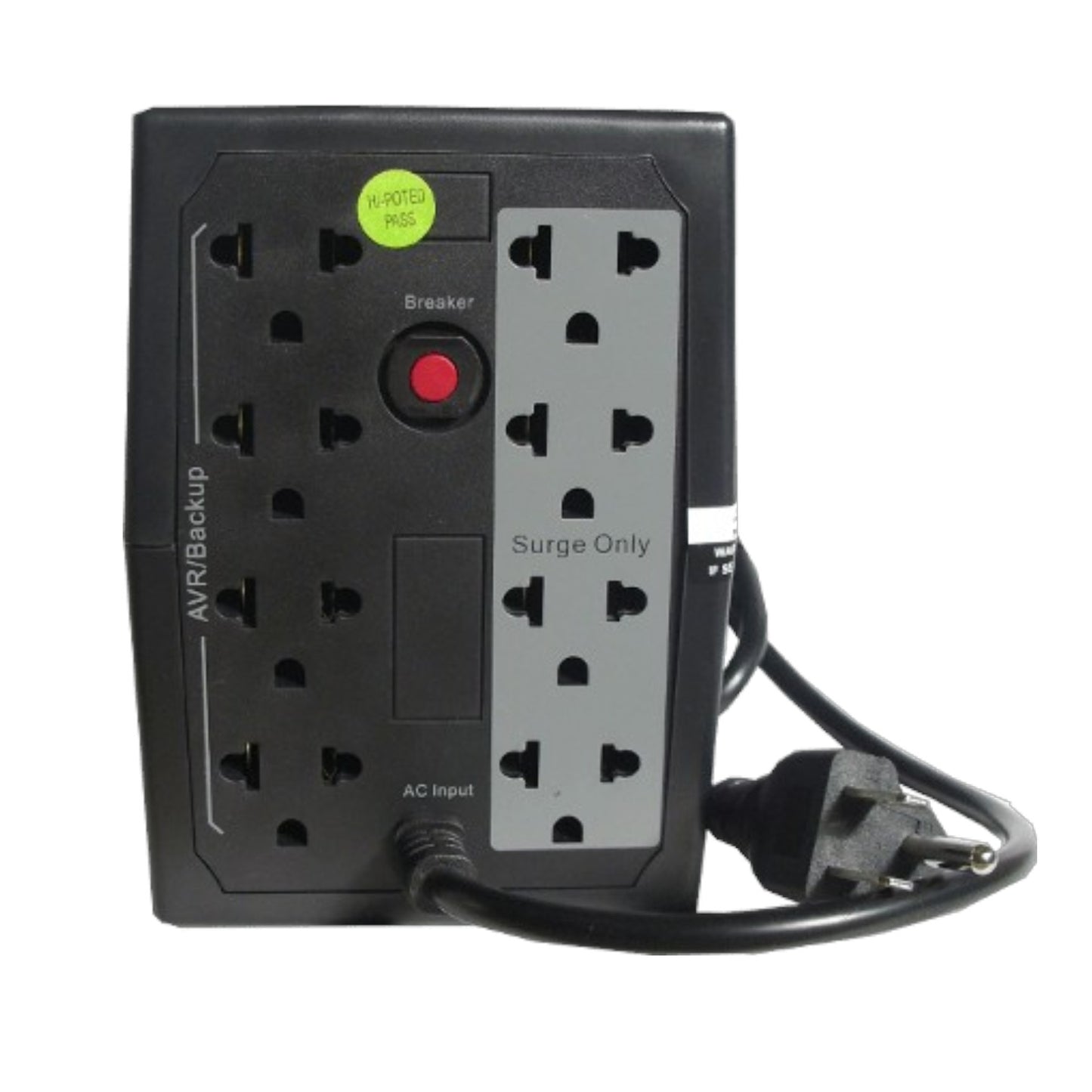 A black AVR Backup surge protector power strip with multiple outlets, a red breaker button, and a green status light, shown with its power cord on a white background.