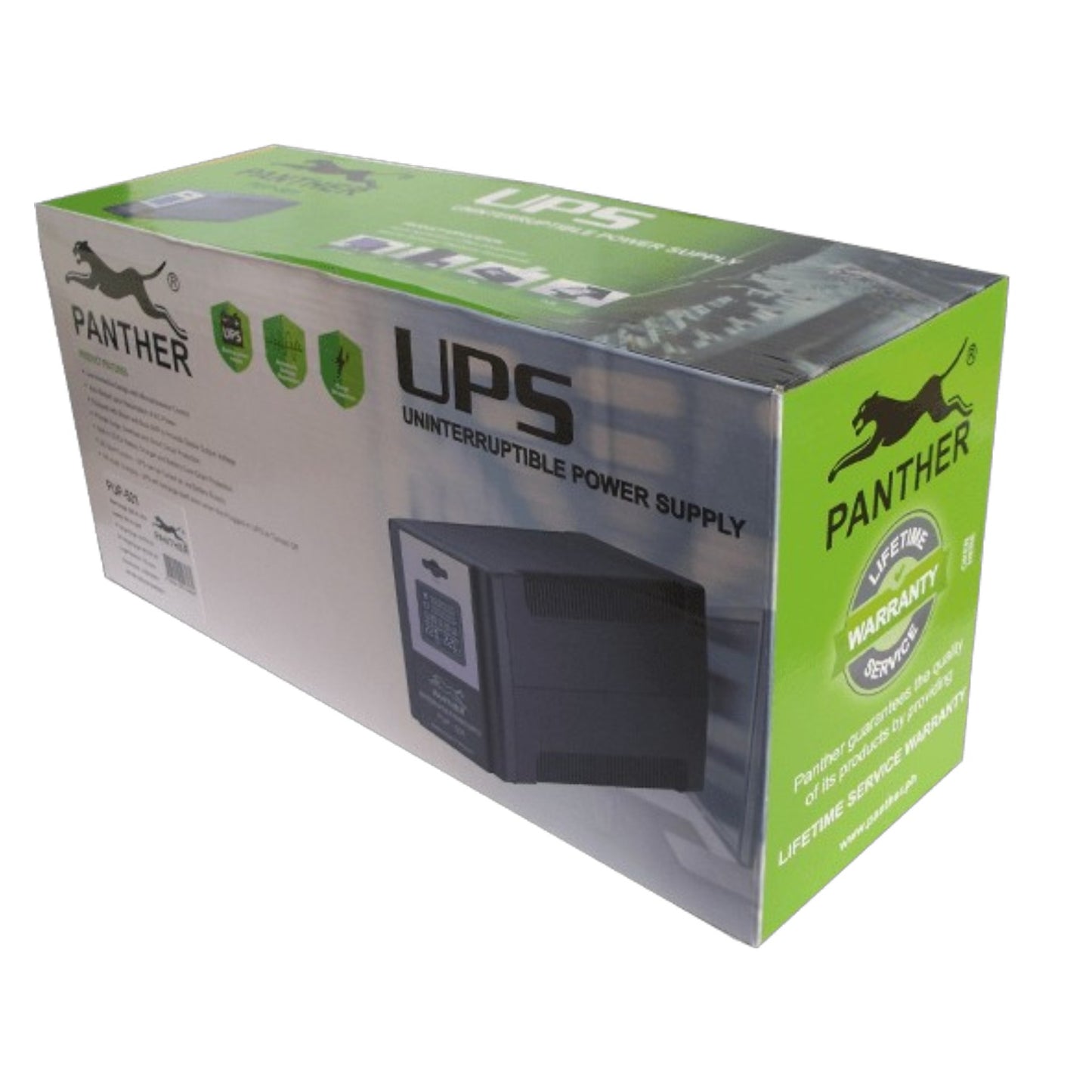 Panther UPS Uninterruptible Power Supply retail box, model VTL-1500, featuring a green and gray design with a picture of the black power supply unit.