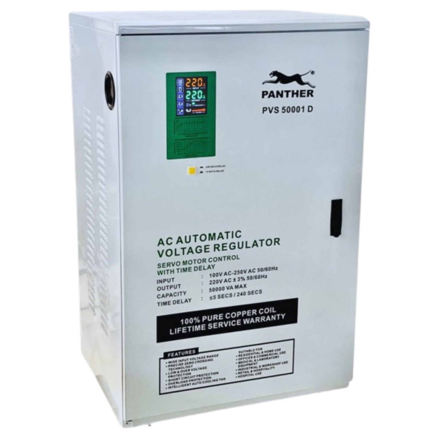 Panther PVS 5000 D AC Automatic Voltage Regulator in a white metal cabinet with a digital display screen on the front panel.